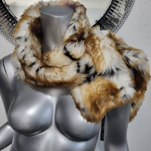 NWT~PAMELA MCCOY~BROWN BLACK FAUX FOX MINK FUR ANIMAL PRINT STOLE SCARF WRAP HAT - Picture 10 of 16